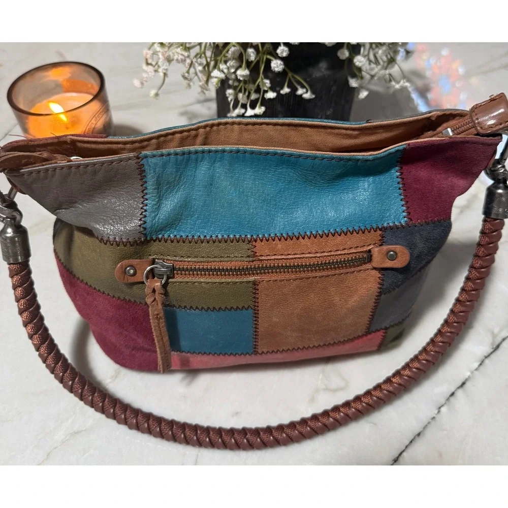 The Sak Patchwork Leather Suede Hobo Bag Multicolor Braided Handle Boho